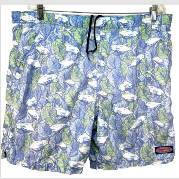 Vineyard Vines mens swim trunks medium blue green fish casual beach island - Picture 1 of 7